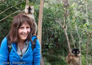 The author with the lemurs in Andasibe National Park